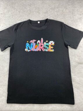 Black Graphic Tee with Colorful Nurse Letters.